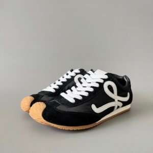 AuroraCustom Loewe Ballet Runner 2.0 Nylon & Calfskin Low-Top Sneakers (Stealth Black, Premium Velvet Suede & Contrast White Anagram Edition)