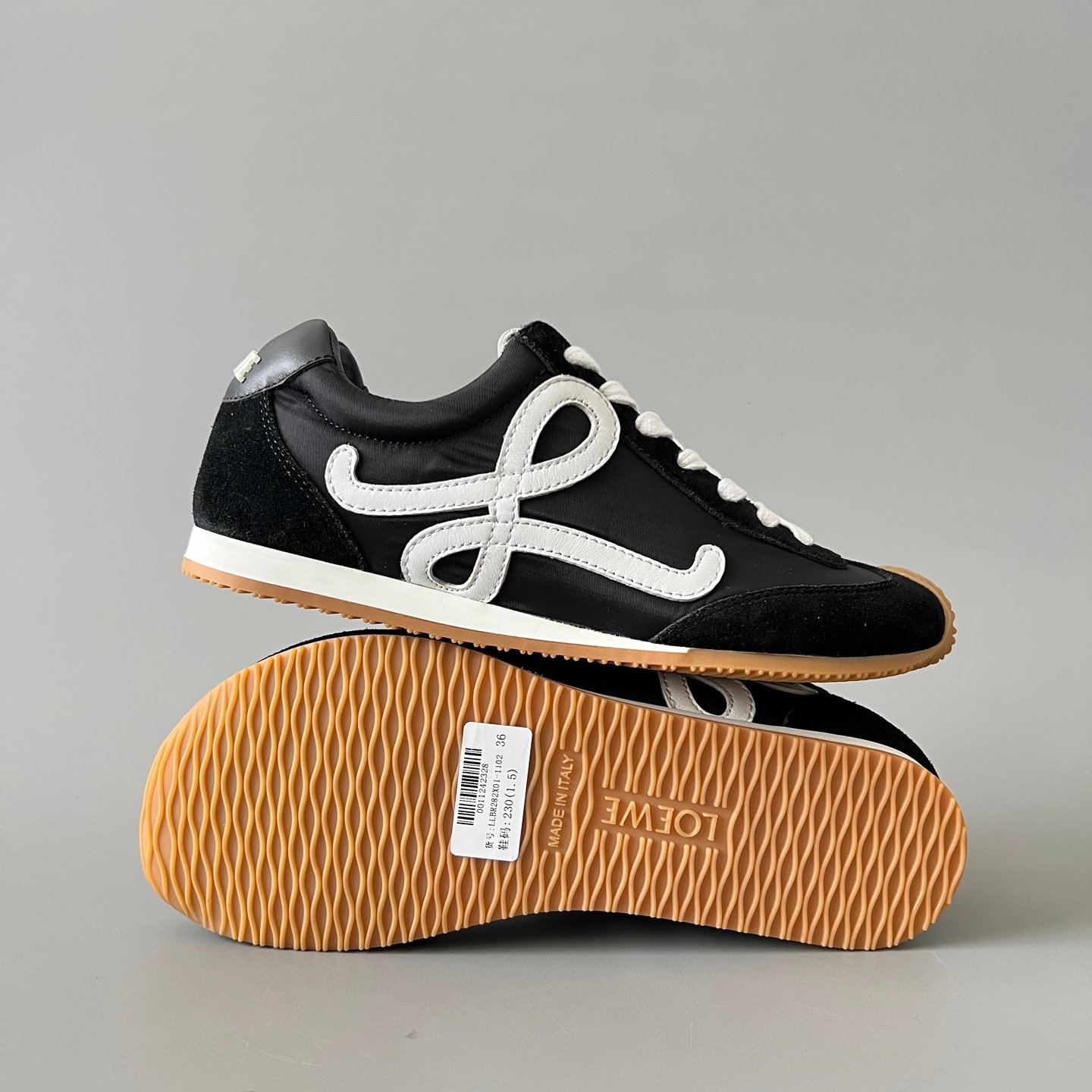 AuroraCustom Loewe Ballet Runner 2.0 Nylon & Calfskin Low-Top Sneakers (Stealth Black, Premium Velvet Suede & Contrast White Anagram Edition) - Image 6