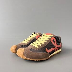 AuroraCustom Loewe Ballet Runner 2.0 Nylon & Calfskin Low-Top Sneakers (Dark Espresso Brown, Vintage Suede Overlays & Contrast Coral Orange Anagram Edition)