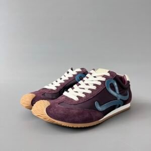 AuroraCustom Loewe Ballet Runner 2.0 Nylon & Calfskin Low-Top Sneakers (Deep Royal Plum, Vintage Suede Overlays & Contrast Petrol Blue Anagram Edition)