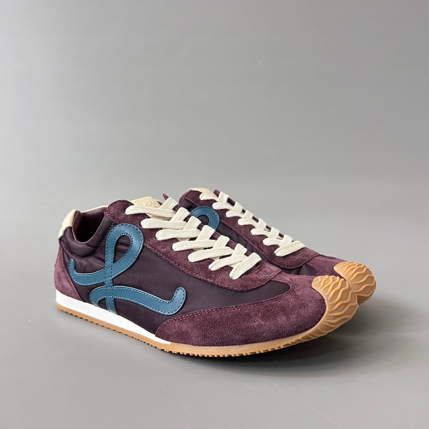 AuroraCustom Loewe Ballet Runner 2.0 Nylon & Calfskin Low-Top Sneakers (Deep Royal Plum, Vintage Suede Overlays & Contrast Petrol Blue Anagram Edition) - Image 3