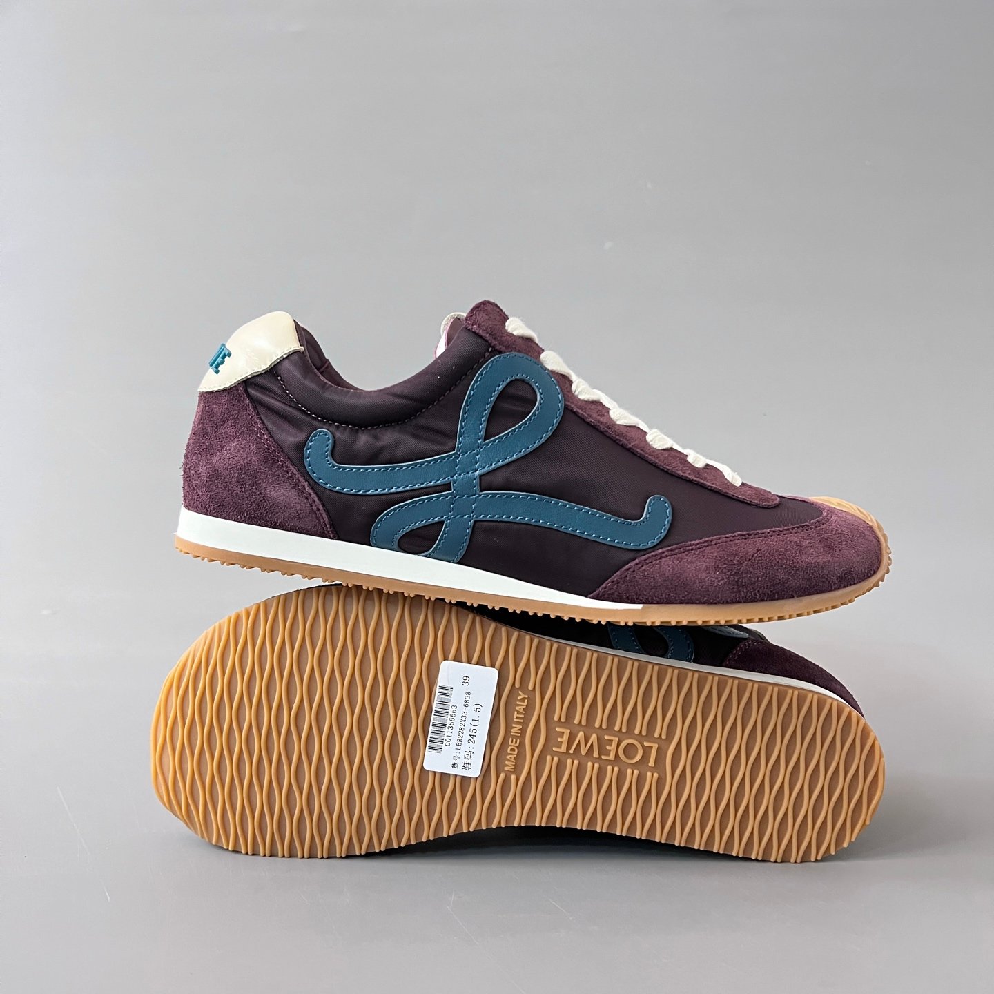AuroraCustom Loewe Ballet Runner 2.0 Nylon & Calfskin Low-Top Sneakers (Deep Royal Plum, Vintage Suede Overlays & Contrast Petrol Blue Anagram Edition) - Image 6