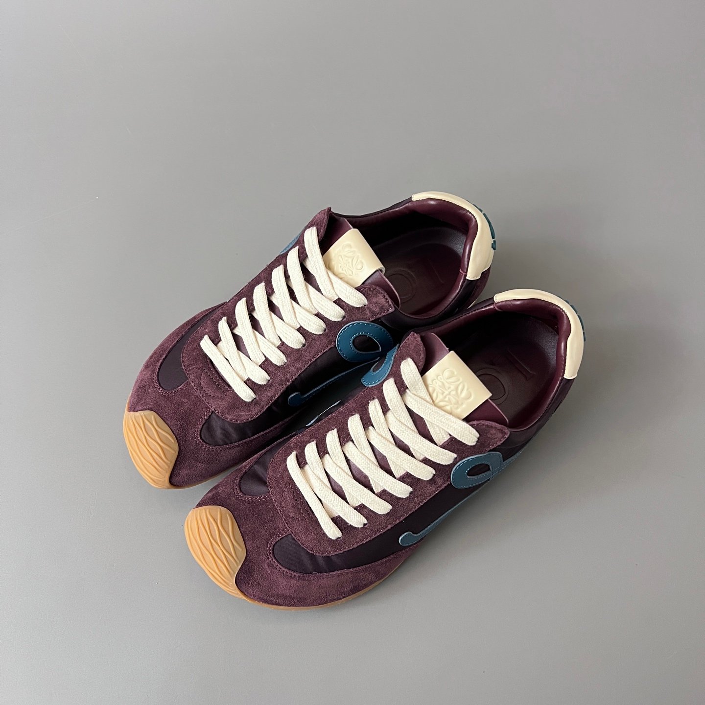 AuroraCustom Loewe Ballet Runner 2.0 Nylon & Calfskin Low-Top Sneakers (Deep Royal Plum, Vintage Suede Overlays & Contrast Petrol Blue Anagram Edition) - Image 8