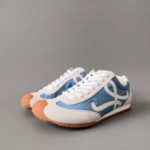 AuroraCustom Loewe Ballet Runner 2.0 Nylon & Calfskin Low-Top Sneakers (Slate Denim Blue, Light Ecru Suede & Tonal Off-White Anagram Edition)