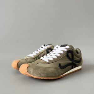 AuroraCustom Loewe Ballet Runner 2.0 Suede & Leather Low-Top Sneakers (Vintage Tan Leather, Ecru Suede Overlays & Contrast Stitch Anagram Edition)