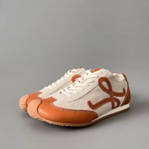 AuroraCustom Loewe Ballet Runner 2.0 Suede & Leather Low-Top Sneakers (Vintage Tan Leather, Ecru Suede Overlays & Contrast Stitch Anagram Edition)