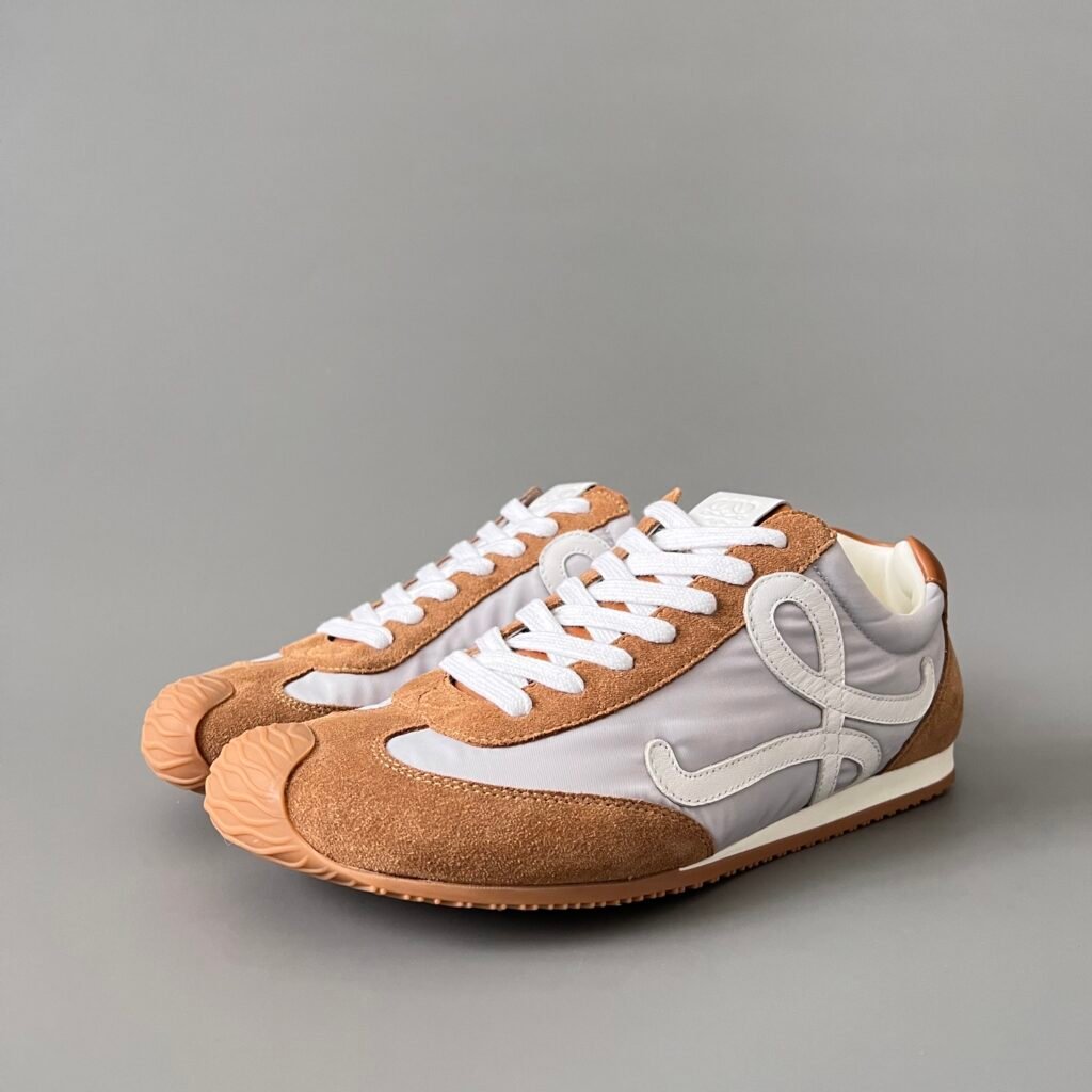 AuroraCustom Loewe Ballet Runner 2.0 Nylon & Suede Low-Top Sneakers (Soft Lavender Grey, Warm Caramel Suede & Tonal Off-White Anagram Edition)