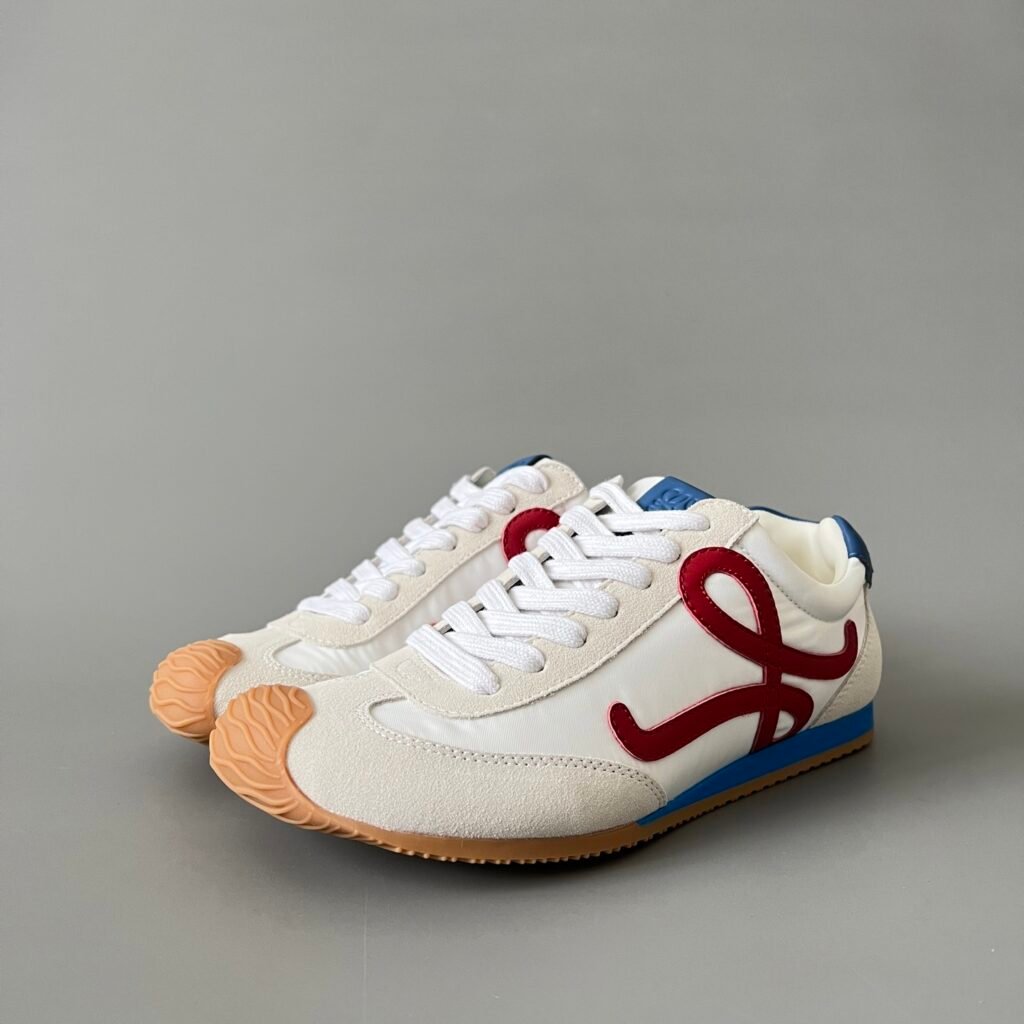 AuroraCustom Loewe Ballet Runner 2.0 Nylon & Calfskin Low-Top Sneakers (Pristine White, Warm Ecru Suede & Contrast Varsity Red Anagram Edition)