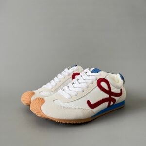 AuroraCustom Loewe Ballet Runner 2.0 Nylon & Calfskin Low-Top Sneakers (Pristine White, Warm Ecru Suede & Contrast Varsity Red Anagram Edition)