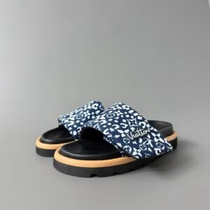 AuroraCustom Louis Vuitton Pool Pillow Comfort Monogram Denim Flat Slide Sandals (Premium Custom Denim Upper, Lambskin Lining & Private Mold Cushioned EVA Sole Women's Indigo Blue Edition)