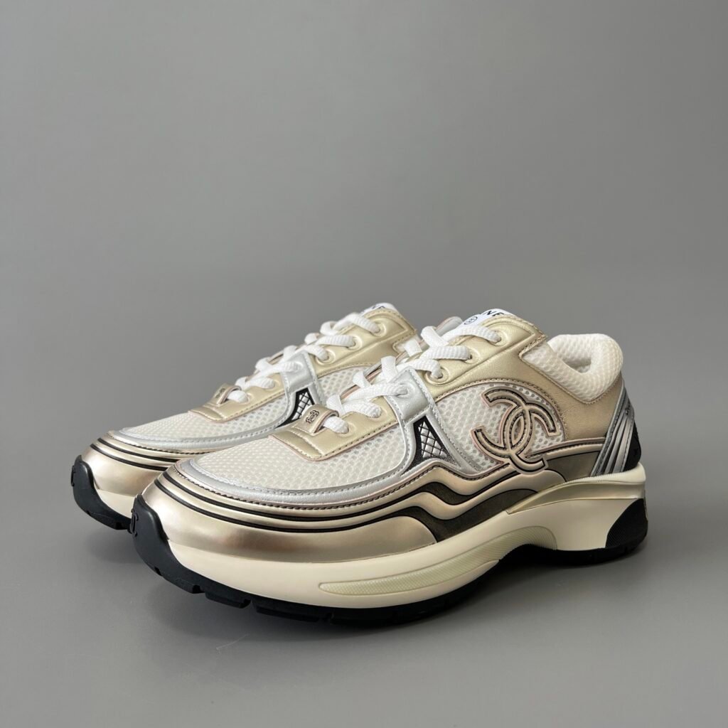AuroraCustom Chanel Leather Series Platform Runner Sneakers (Liquid White Gold, Metallic Champagne & Tech TPU Foam Bottom Edition)