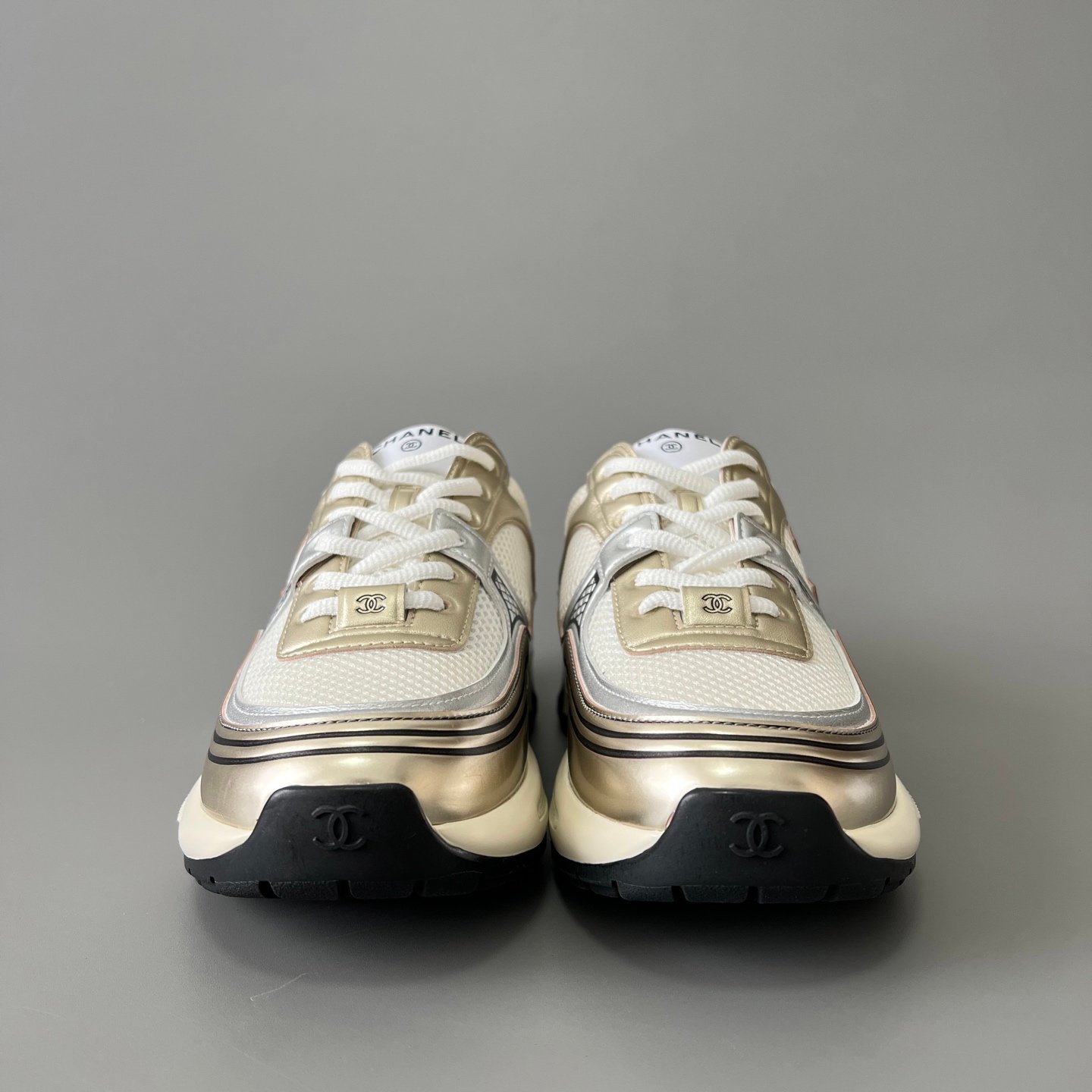 AuroraCustom Chanel Leather Series Platform Runner Sneakers (Liquid White Gold, Metallic Champagne & Tech TPU Foam Bottom Edition) - Image 2