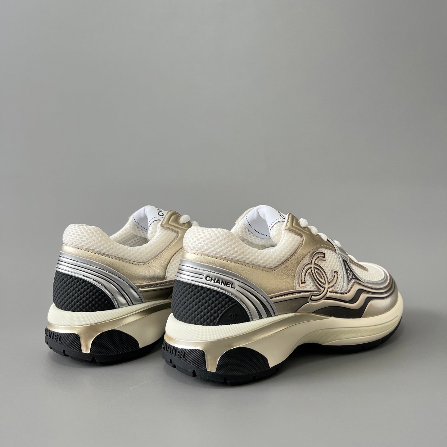 AuroraCustom Chanel Leather Series Platform Runner Sneakers (Liquid White Gold, Metallic Champagne & Tech TPU Foam Bottom Edition) - Image 4