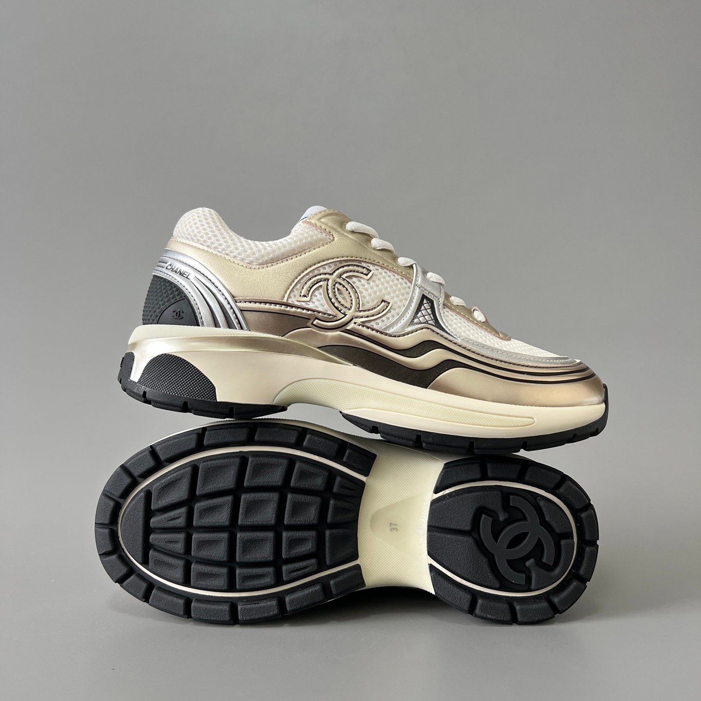 AuroraCustom Chanel Leather Series Platform Runner Sneakers (Liquid White Gold, Metallic Champagne & Tech TPU Foam Bottom Edition) - Image 6