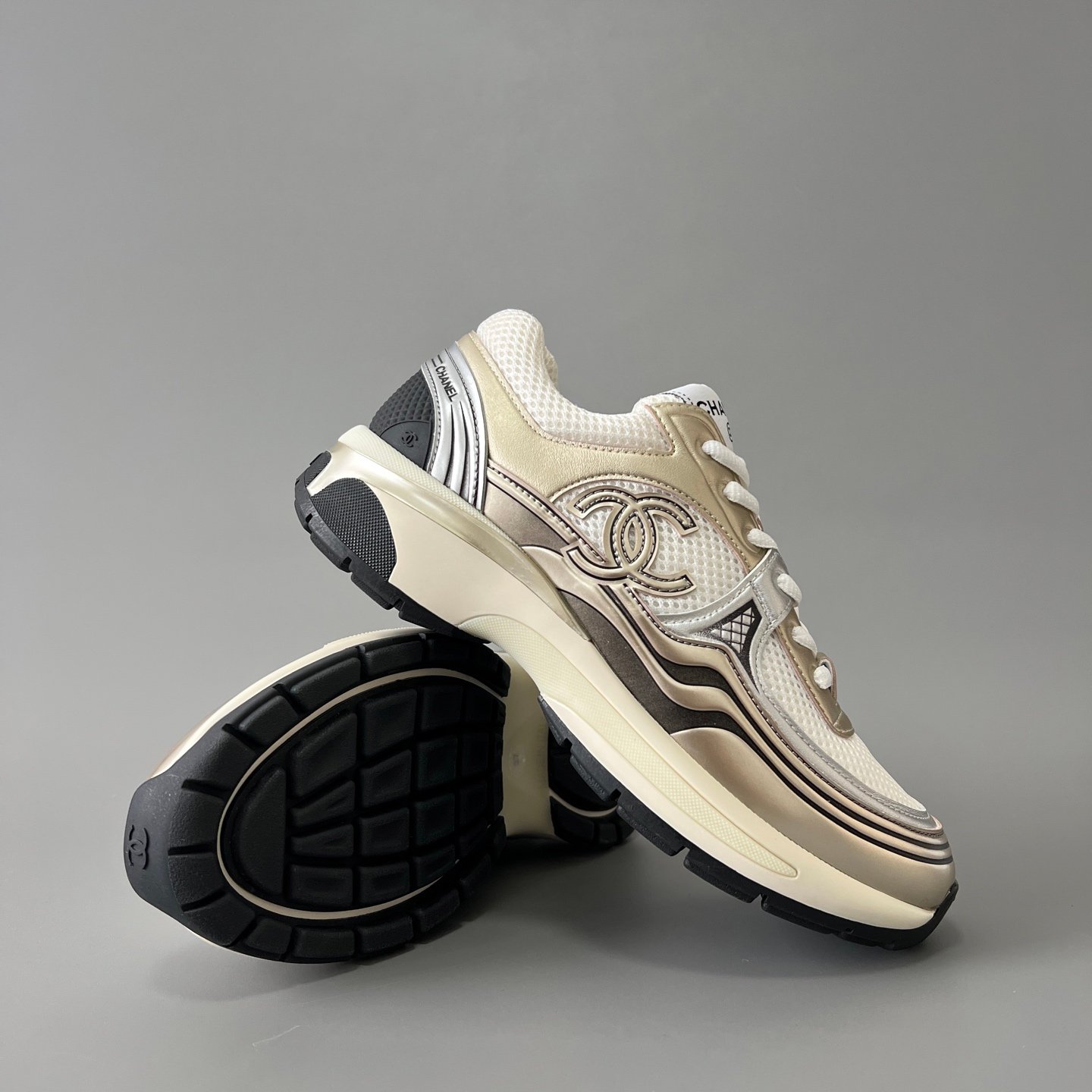AuroraCustom Chanel Leather Series Platform Runner Sneakers (Liquid White Gold, Metallic Champagne & Tech TPU Foam Bottom Edition) - Image 7