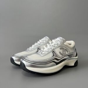 AuroraCustom Chanel Leather Series Platform Runner Sneakers (Liquid Metallic Silver, Cyber Chrome & Tech TPU Foam Bottom Edition)