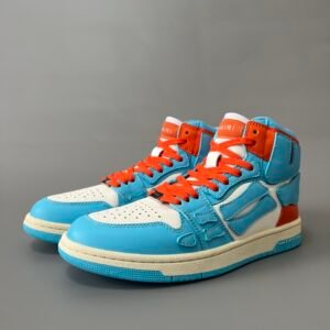 AuroraCustom Amiri Skel Top High Series Sneakers (Carolina Sky Blue, Sunset Orange & Tonal Blue Bone Applique Edition)