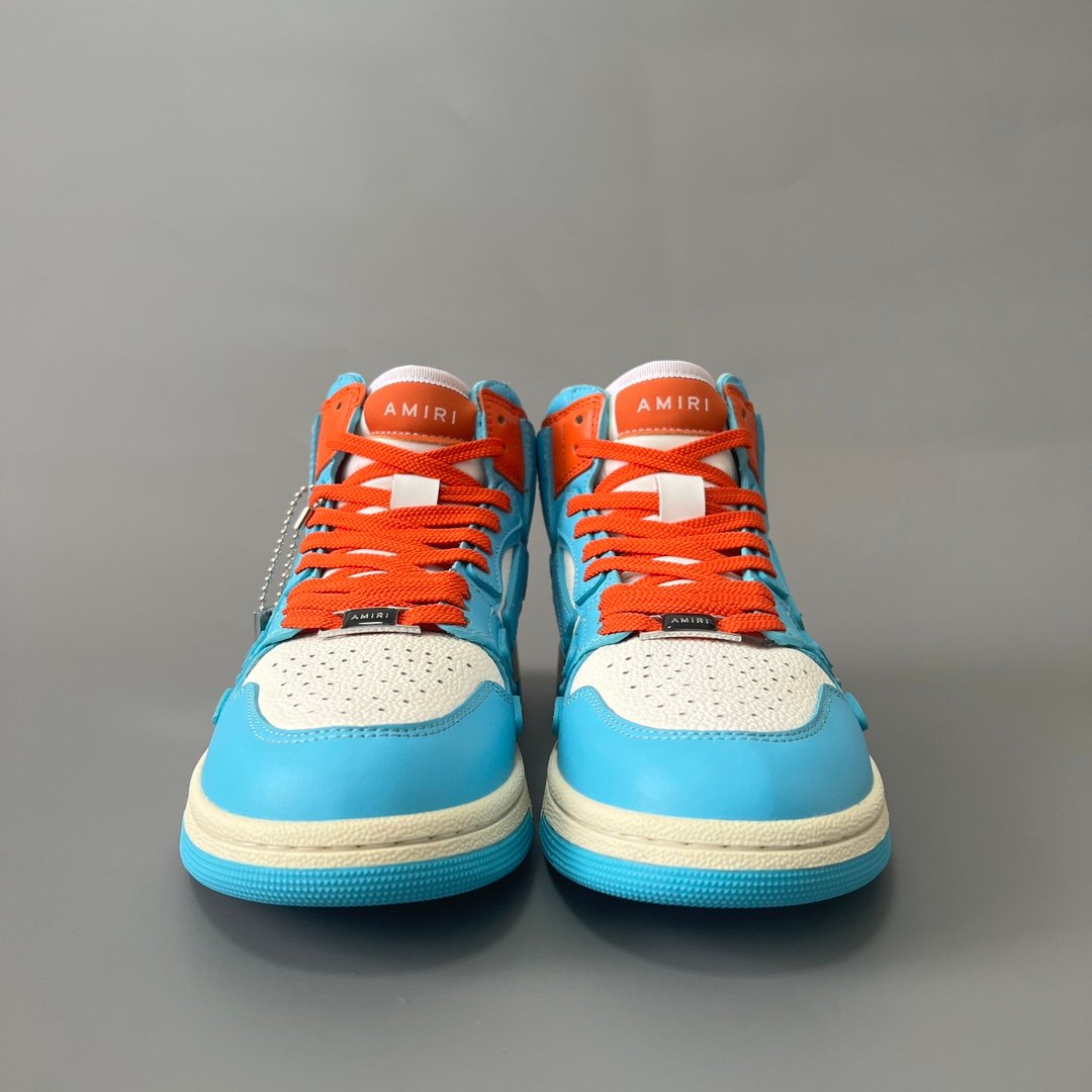 AuroraCustom Amiri Skel Top High Series Sneakers (Carolina Sky Blue, Sunset Orange & Tonal Blue Bone Applique Edition) - Image 2