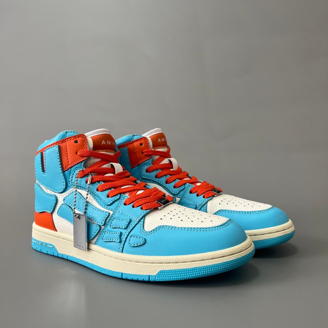 AuroraCustom Amiri Skel Top High Series Sneakers (Carolina Sky Blue, Sunset Orange & Tonal Blue Bone Applique Edition) - Image 3