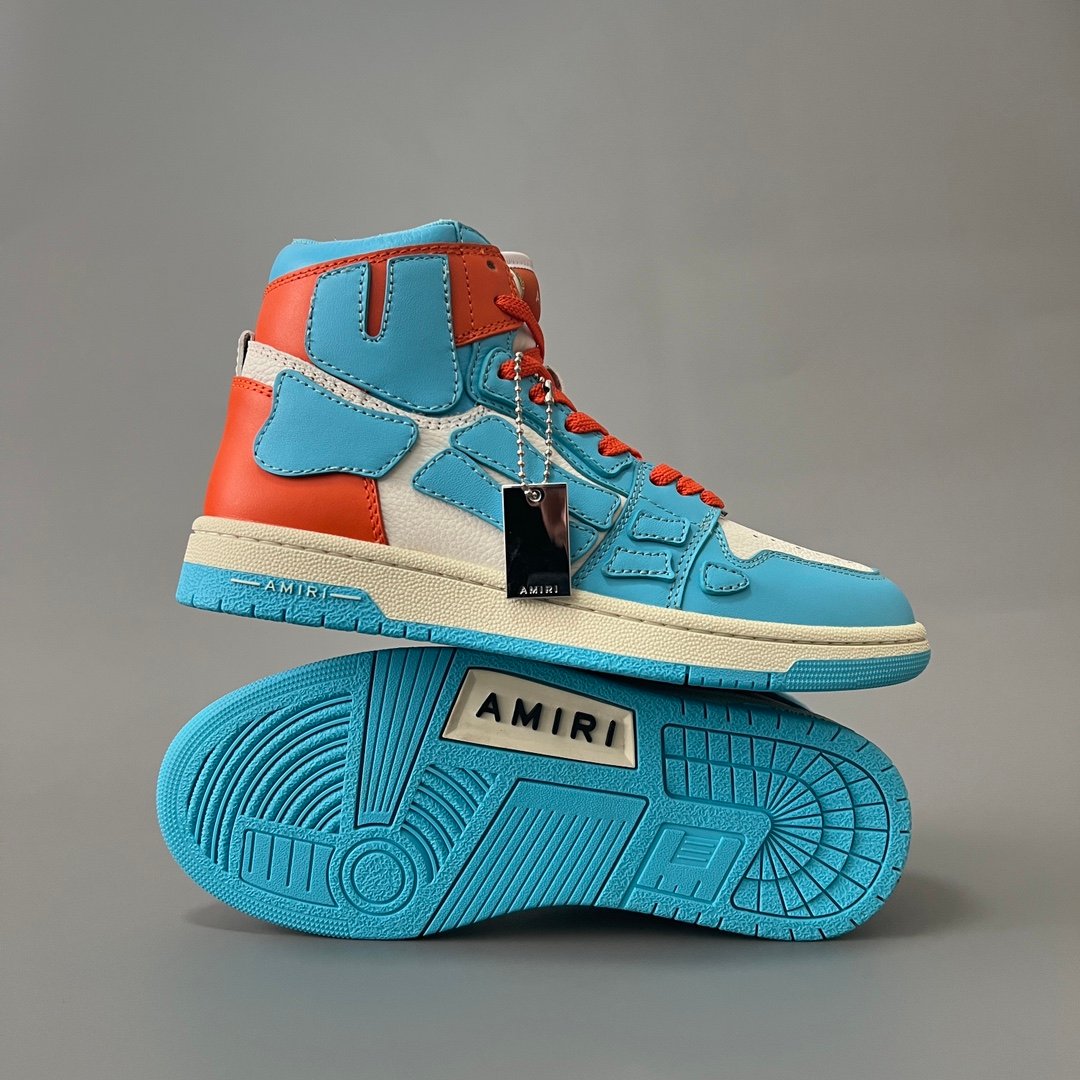 AuroraCustom Amiri Skel Top High Series Sneakers (Carolina Sky Blue, Sunset Orange & Tonal Blue Bone Applique Edition) - Image 6