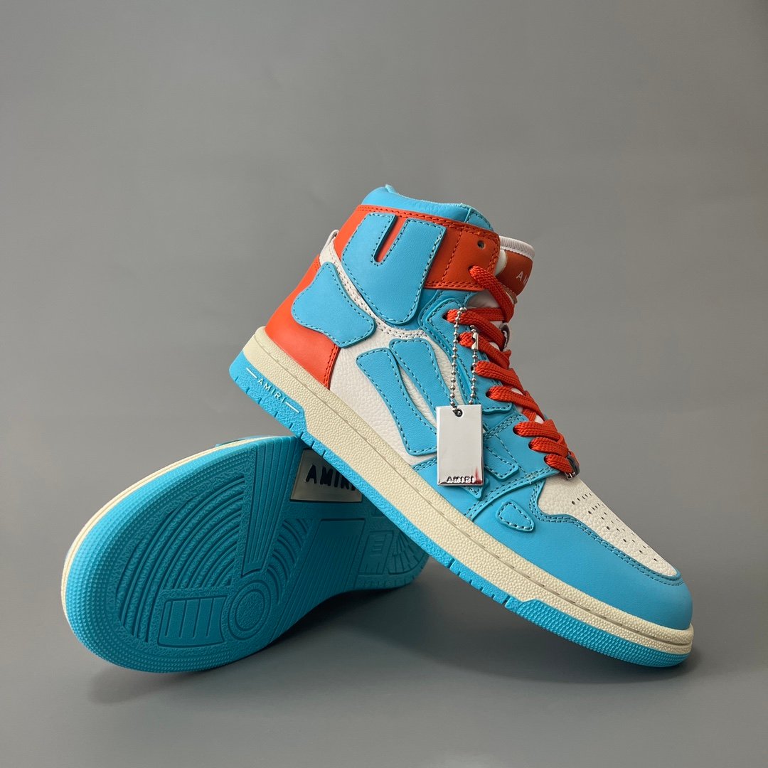 AuroraCustom Amiri Skel Top High Series Sneakers (Carolina Sky Blue, Sunset Orange & Tonal Blue Bone Applique Edition) - Image 7