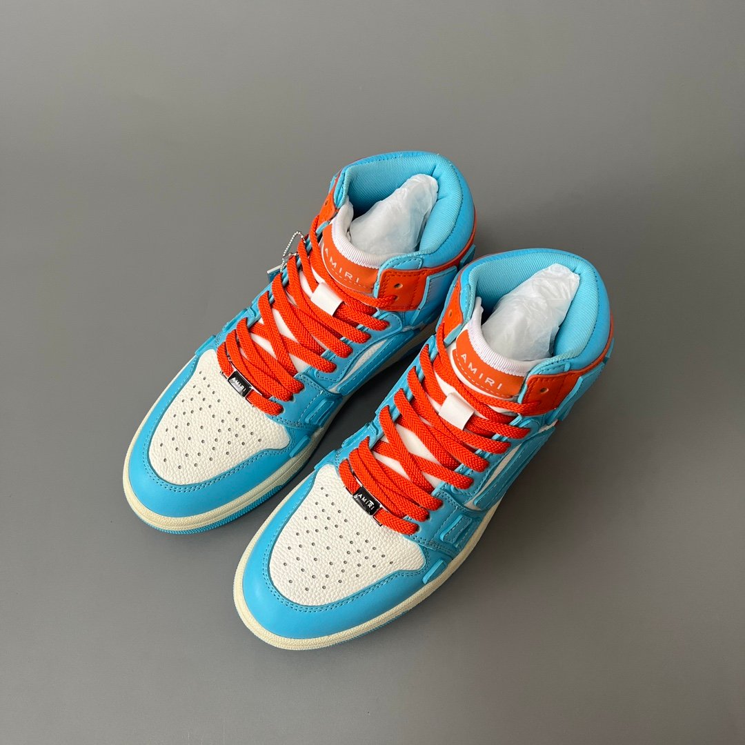 AuroraCustom Amiri Skel Top High Series Sneakers (Carolina Sky Blue, Sunset Orange & Tonal Blue Bone Applique Edition) - Image 8