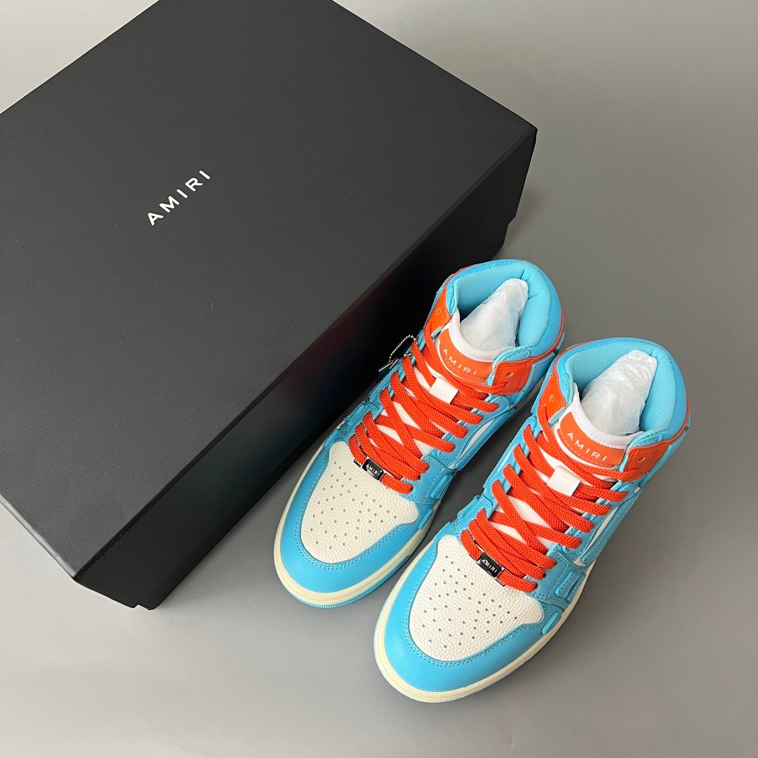 AuroraCustom Amiri Skel Top High Series Sneakers (Carolina Sky Blue, Sunset Orange & Tonal Blue Bone Applique Edition) - Image 9