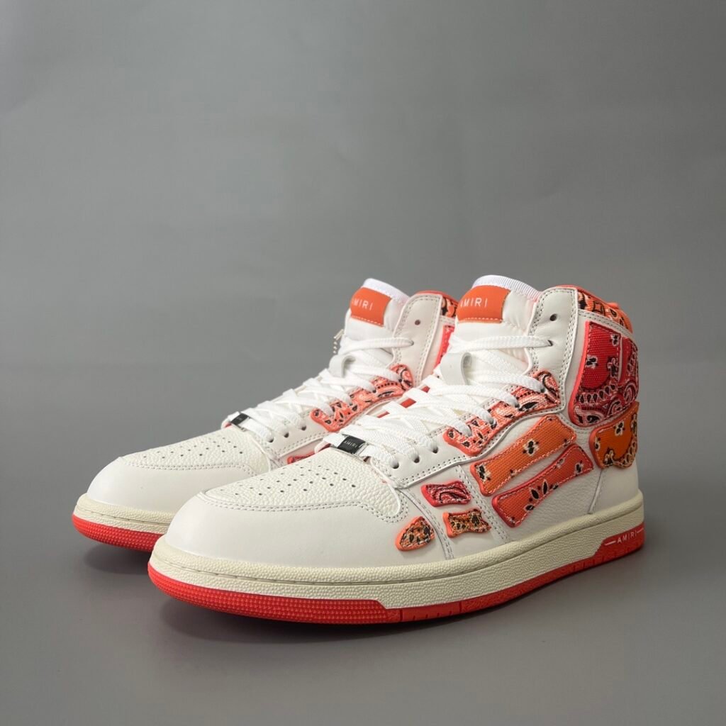 AuroraCustom Amiri Skel Top High Series Sneakers (Sunset Orange & Multi-Color Bandana Paisley Applique Edition)