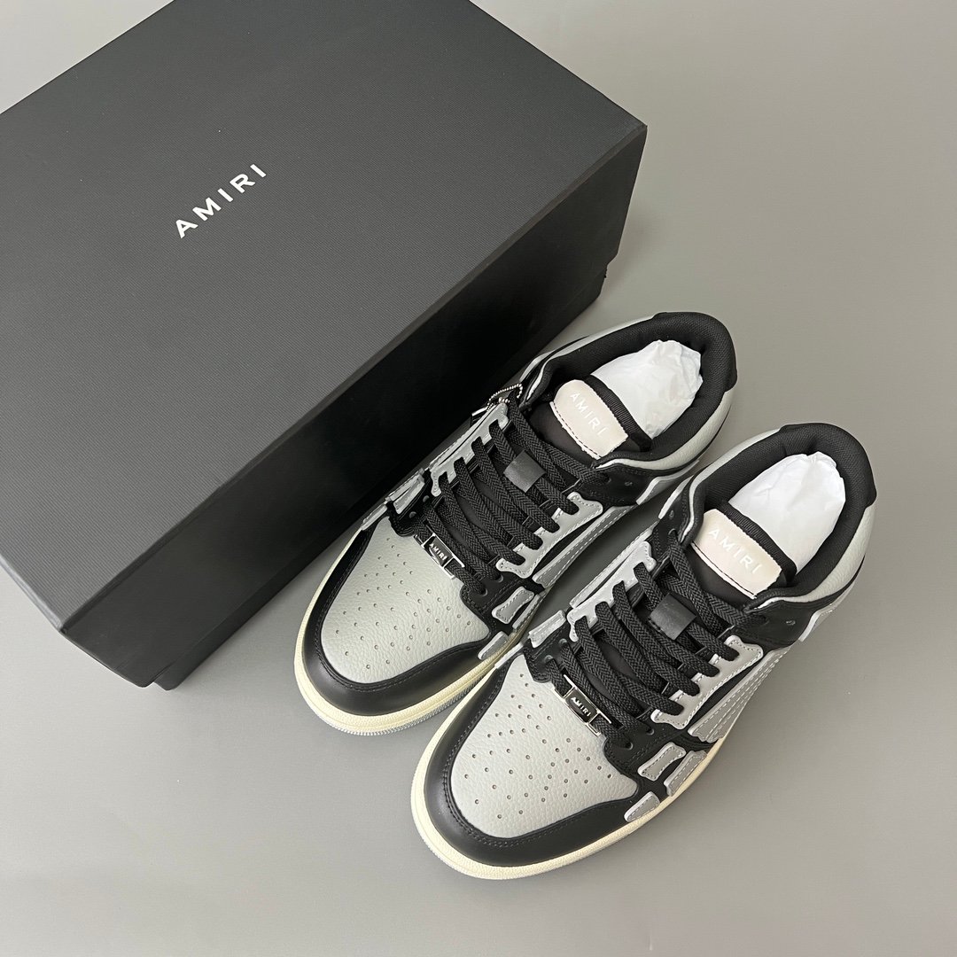 AuroraCustom Amiri Skel Top Low Series Sneakers (Shadow Shadow Grey, Stealth Black & Tonal Grey Bone Applique Edition) - Image 9