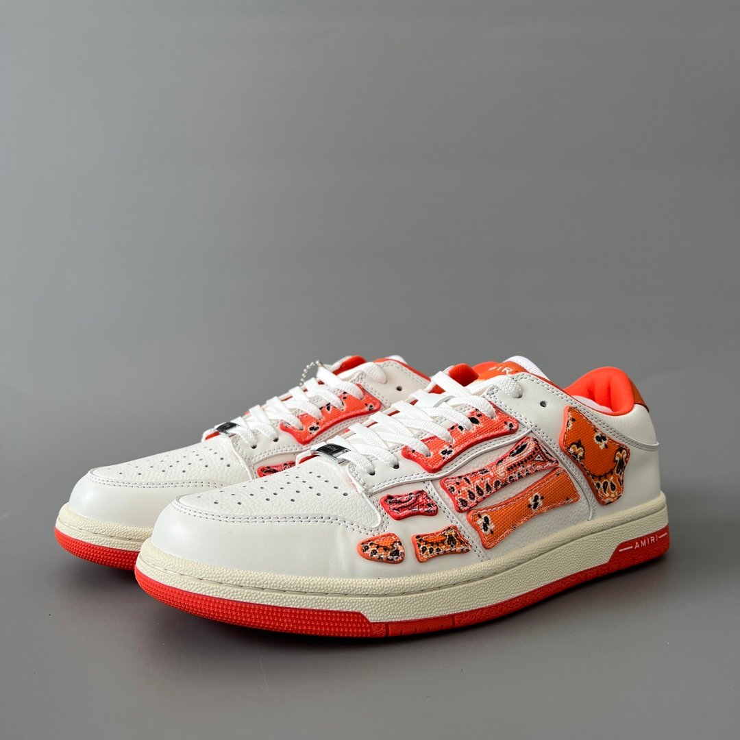 AuroraCustom Amiri Skel Top Low Series Sneakers (Sunset Orange & Multi-Color Bandana Paisley Applique Edition)