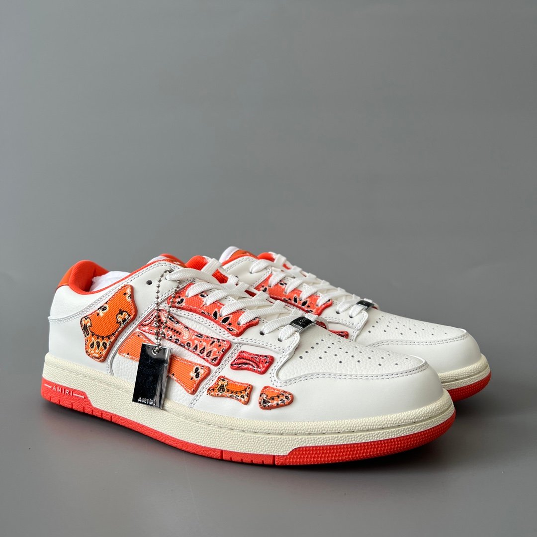 AuroraCustom Amiri Skel Top Low Series Sneakers (Sunset Orange & Multi-Color Bandana Paisley Applique Edition) - Image 3