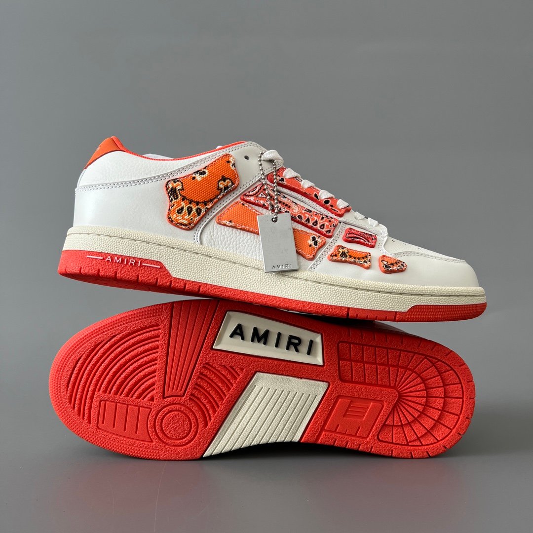 AuroraCustom Amiri Skel Top Low Series Sneakers (Sunset Orange & Multi-Color Bandana Paisley Applique Edition) - Image 6
