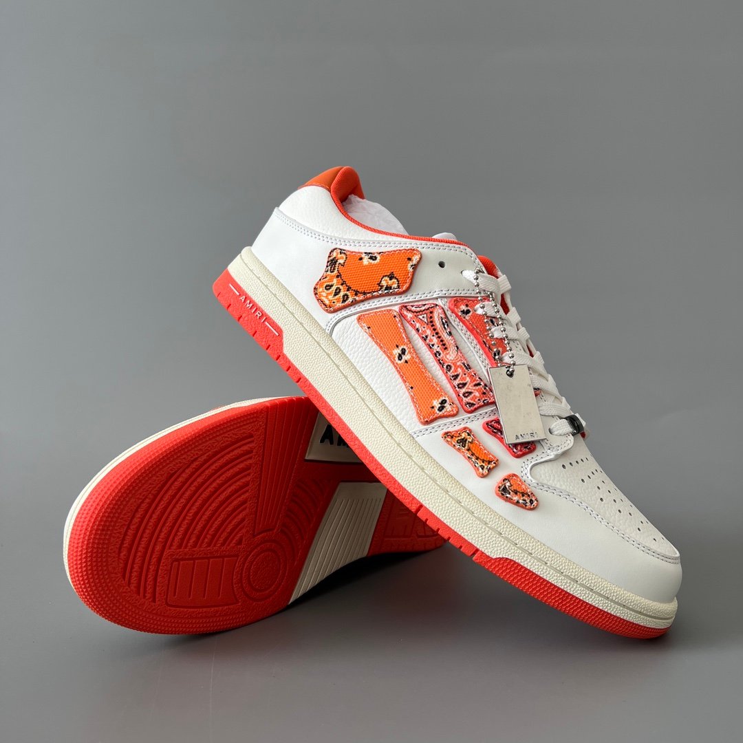 AuroraCustom Amiri Skel Top Low Series Sneakers (Sunset Orange & Multi-Color Bandana Paisley Applique Edition) - Image 7