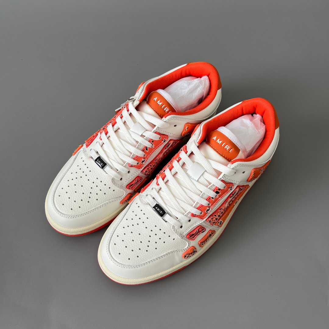 AuroraCustom Amiri Skel Top Low Series Sneakers (Sunset Orange & Multi-Color Bandana Paisley Applique Edition) - Image 8