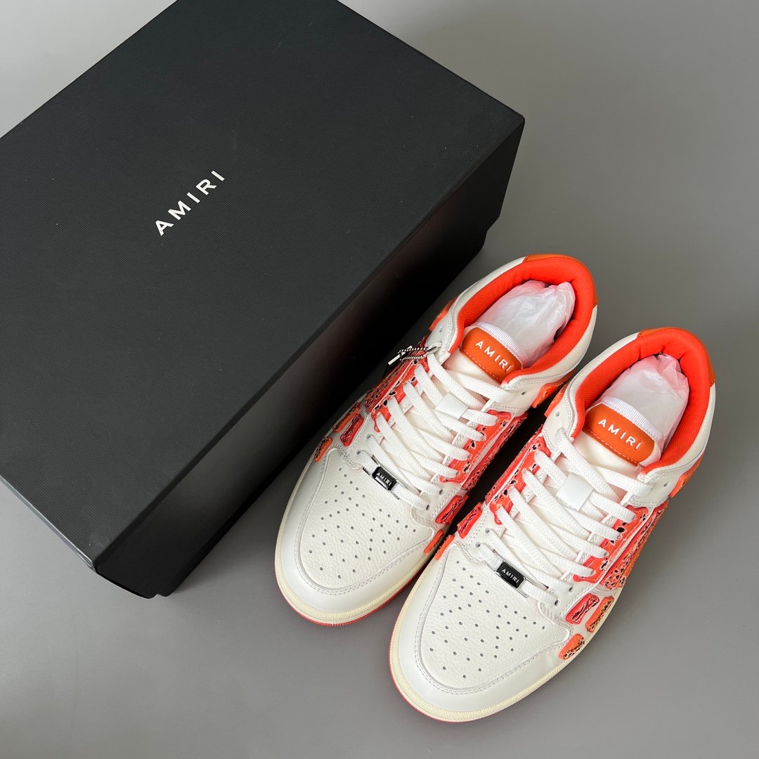 AuroraCustom Amiri Skel Top Low Series Sneakers (Sunset Orange & Multi-Color Bandana Paisley Applique Edition) - Image 9