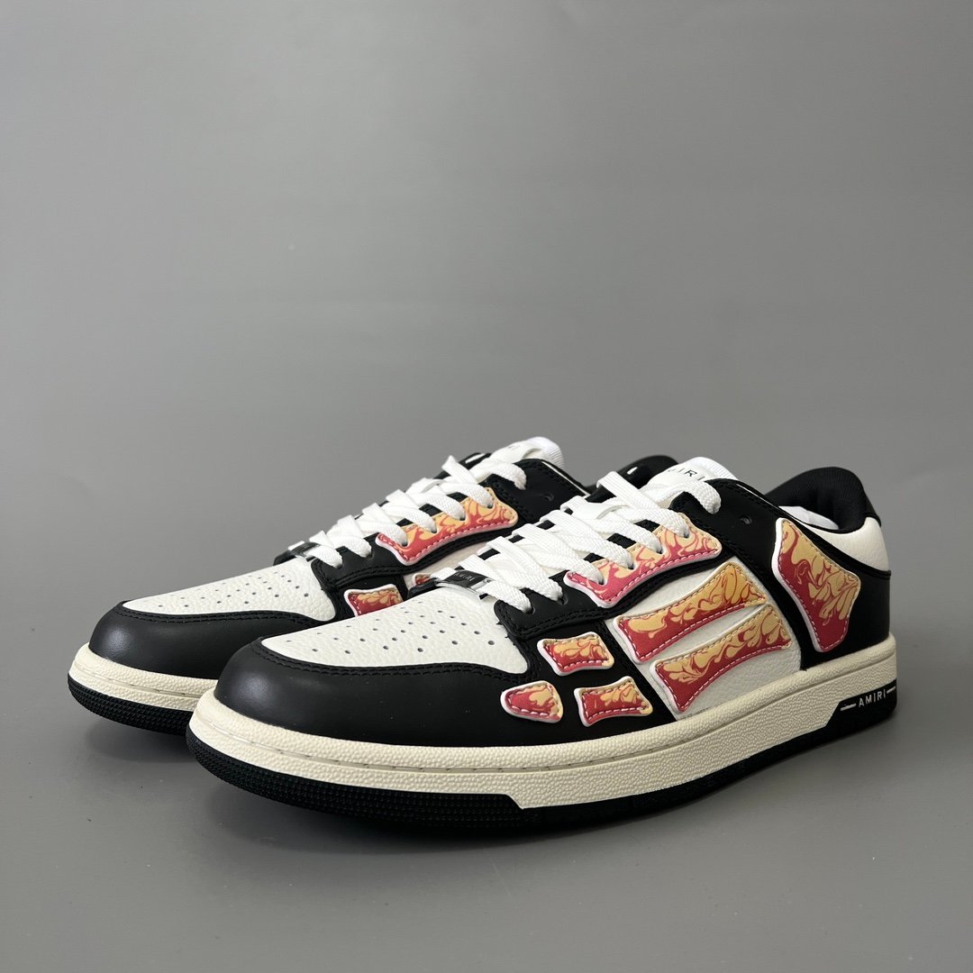 AuroraCustom Amiri Skel Top Low Series Sneakers (Reverse Panda Black Toe & Multi-Color Alchemist Flame Art Applique Edition)