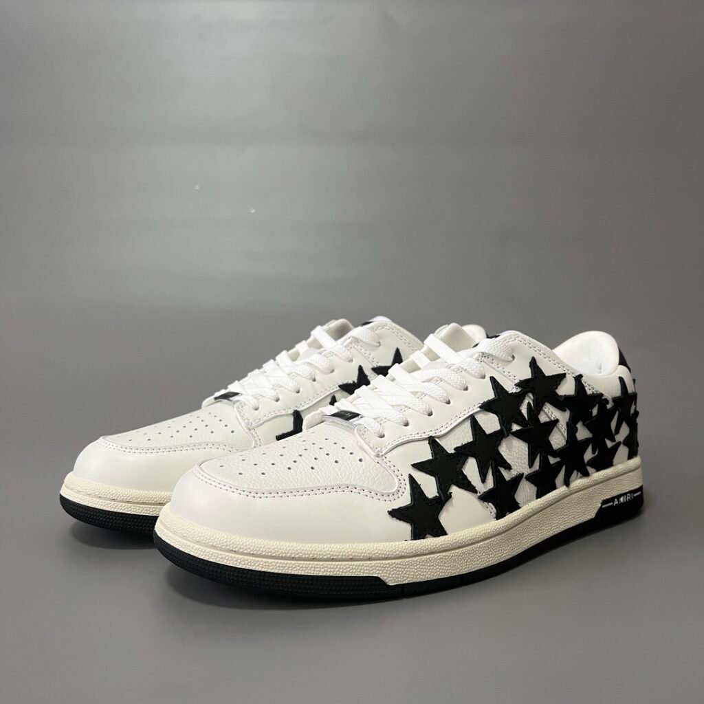 AuroraCustom Amiri Skel Top Low Series Sneakers (Pristine White Upper & Black Star Burst Applique Edition)