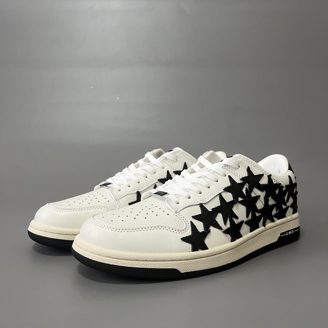 AuroraCustom Amiri Skel Top Low Series Sneakers (Pristine White Upper & Black Star Burst Applique Edition)