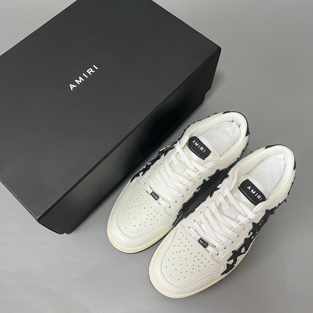 AuroraCustom Amiri Skel Top Low Series Sneakers (Pristine White Upper & Black Star Burst Applique Edition) - Image 9
