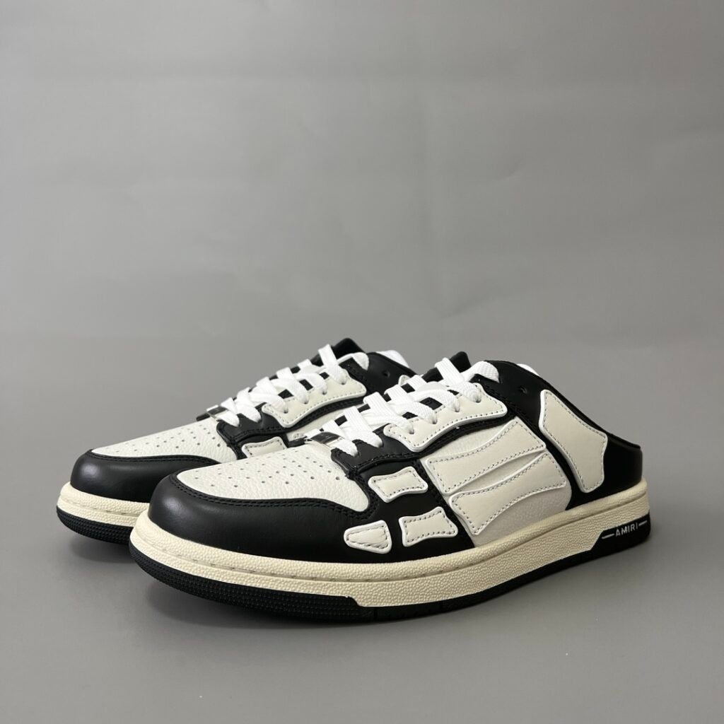 AuroraCustom Amiri Skel Top Low Backless Mule Sneakers (Reverse Panda Black Toe & Pristine White Bone Applique Slip-On Edition)