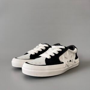 AuroraCustom Amiri Sunset Leather & Suede Low-Top Skate Sneakers (Panda Black/White & Tonal Star Burst Applique Edition)