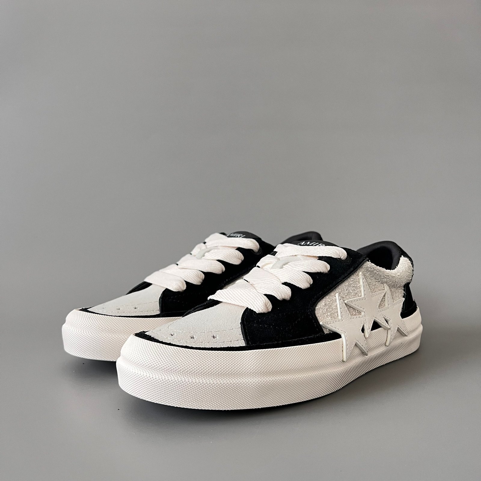 AuroraCustom Amiri Sunset Leather & Suede Low-Top Skate Sneakers (Panda Black/White & Tonal Star Burst Applique Edition)