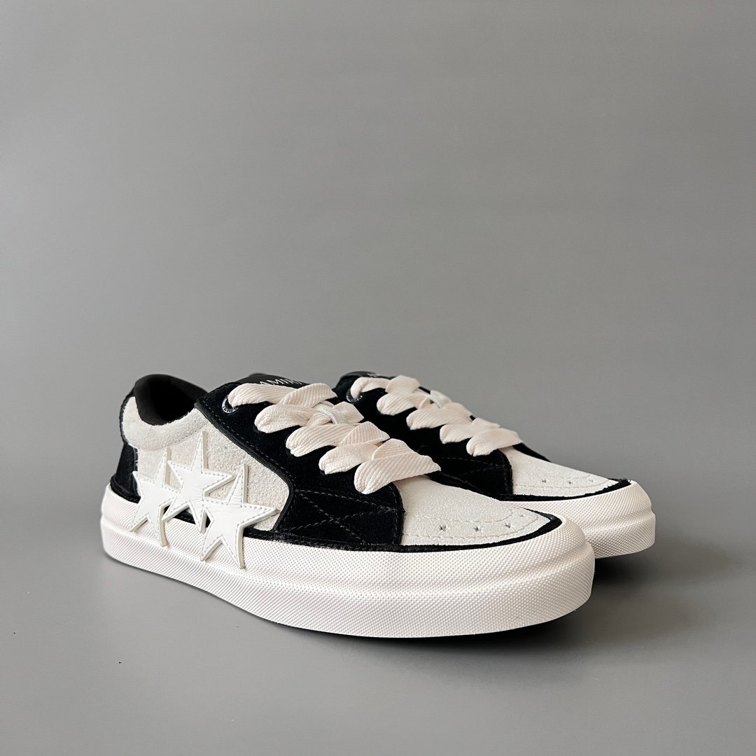 AuroraCustom Amiri Sunset Leather & Suede Low-Top Skate Sneakers (Panda Black/White & Tonal Star Burst Applique Edition) - Image 3