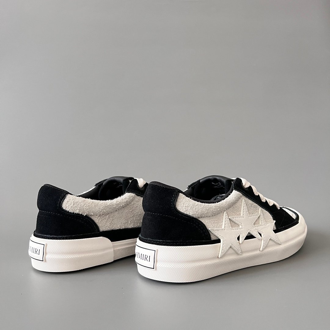 AuroraCustom Amiri Sunset Leather & Suede Low-Top Skate Sneakers (Panda Black/White & Tonal Star Burst Applique Edition) - Image 4