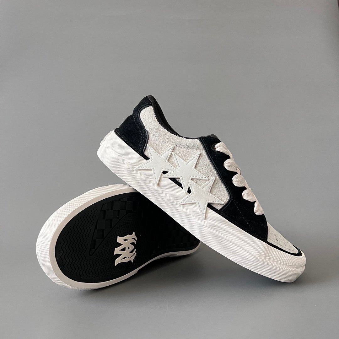 AuroraCustom Amiri Sunset Leather & Suede Low-Top Skate Sneakers (Panda Black/White & Tonal Star Burst Applique Edition) - Image 7