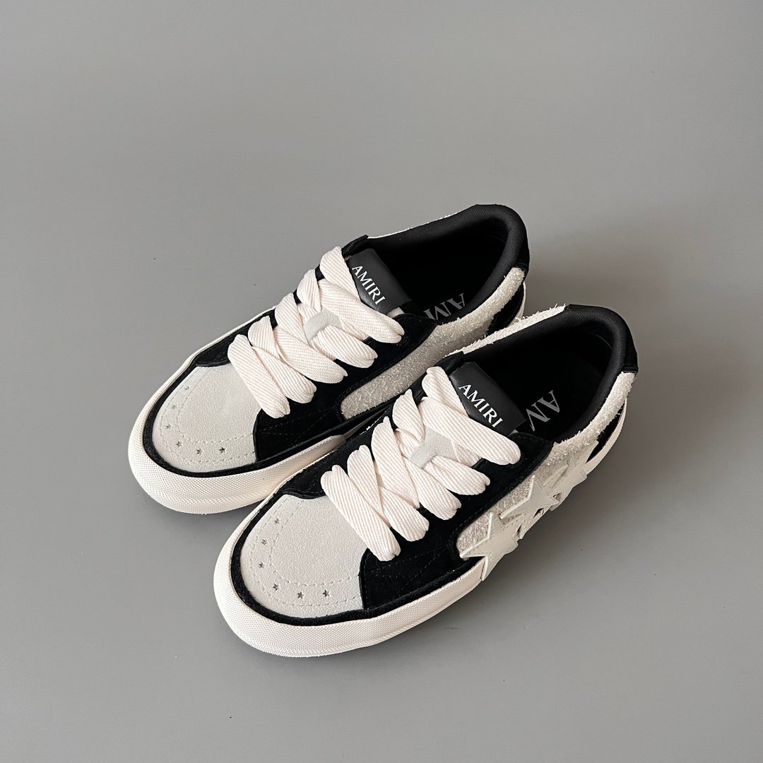 AuroraCustom Amiri Sunset Leather & Suede Low-Top Skate Sneakers (Panda Black/White & Tonal Star Burst Applique Edition) - Image 8