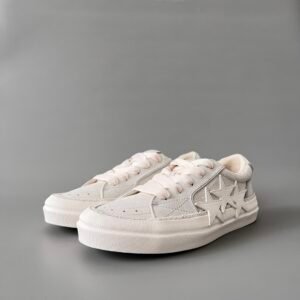AuroraCustom Amiri Sunset Leather & Suede Low-Top Skate Sneakers (Monochromatic Bone Ecru & Tonal Star Burst Applique Edition)