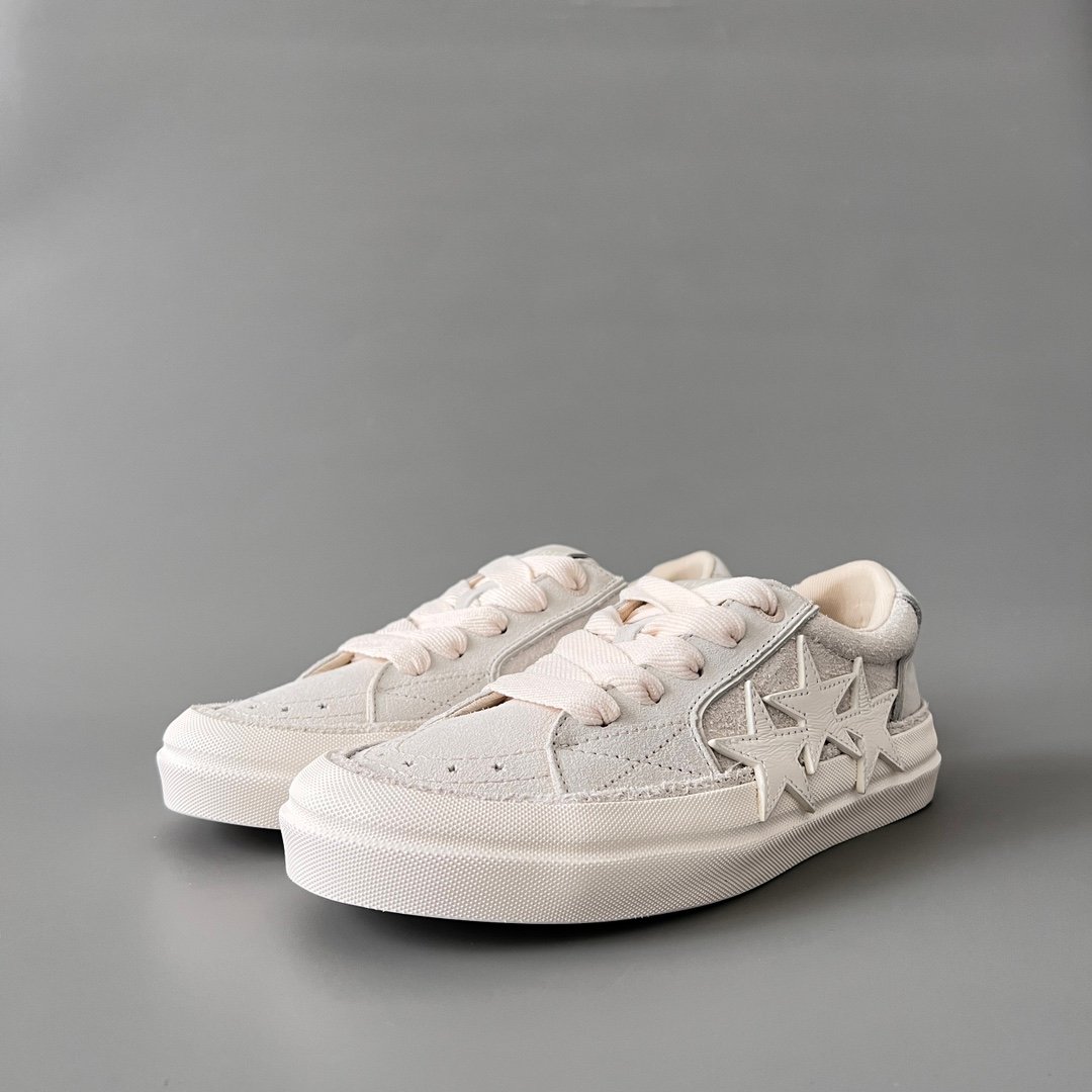 AuroraCustom Amiri Sunset Leather & Suede Low-Top Skate Sneakers (Monochromatic Bone Ecru & Tonal Star Burst Applique Edition)