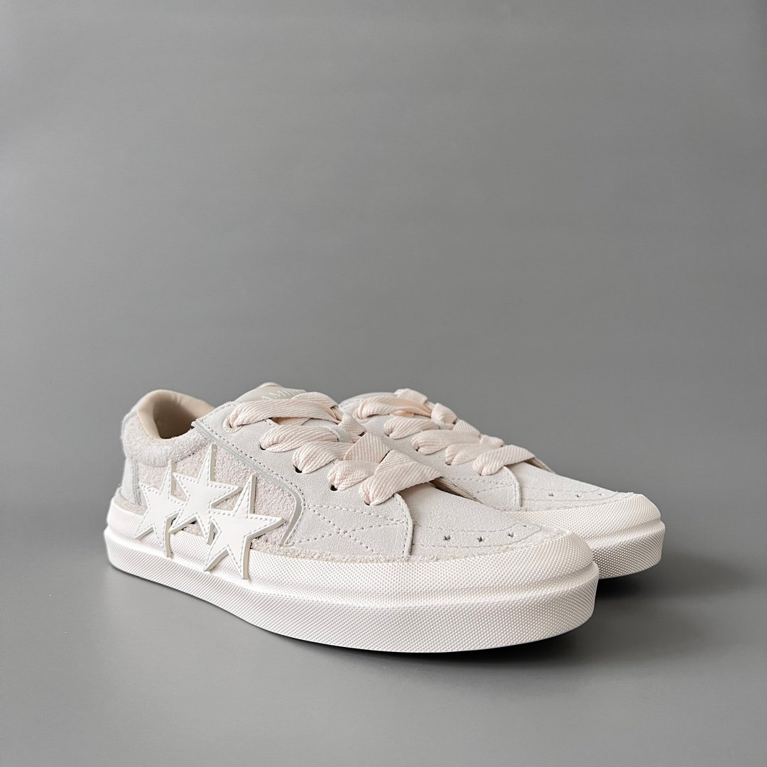 AuroraCustom Amiri Sunset Leather & Suede Low-Top Skate Sneakers (Monochromatic Bone Ecru & Tonal Star Burst Applique Edition) - Image 3