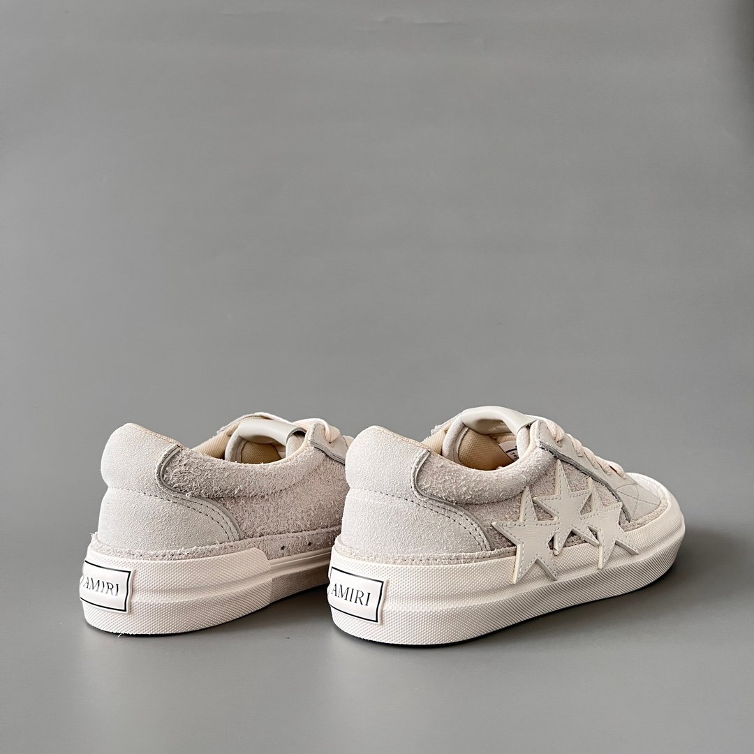 AuroraCustom Amiri Sunset Leather & Suede Low-Top Skate Sneakers (Monochromatic Bone Ecru & Tonal Star Burst Applique Edition) - Image 4